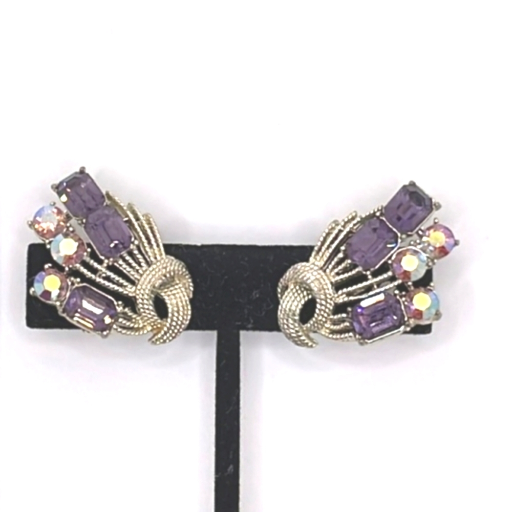 Francois Signed Vintage Purple Amethyst Color and AB Crystal Clip-on Earrings